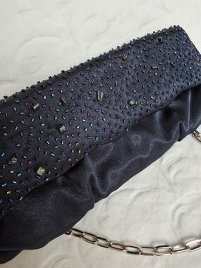 Drap Barcelona Satin & Beaded Convertible Evening Clutch Blue